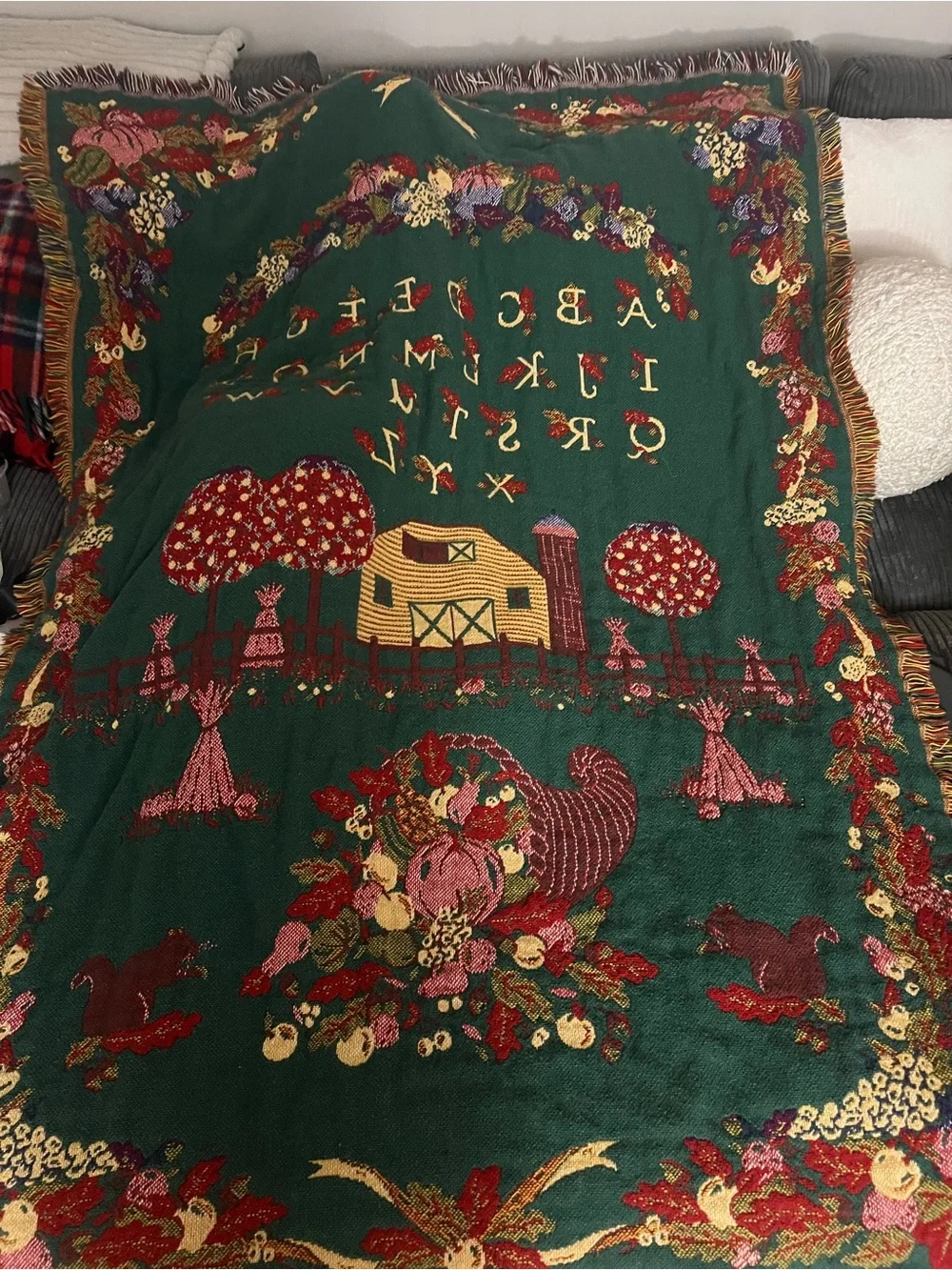 Goodwin Weavers Reversible Throw Blanket Farm Alphabet Harvest Made USA Cotton